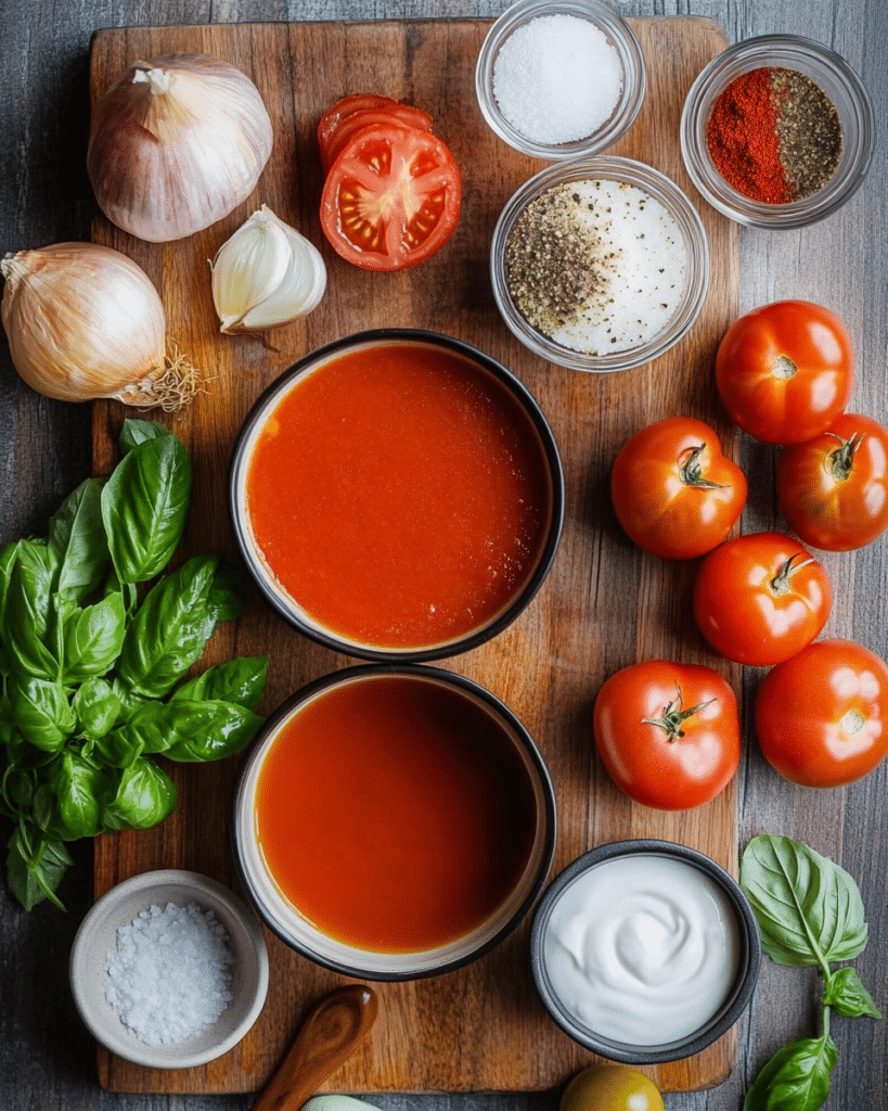  Ingredients for Roasted Tomato Basil Soup, including tomatoes, basil, and garlic.
