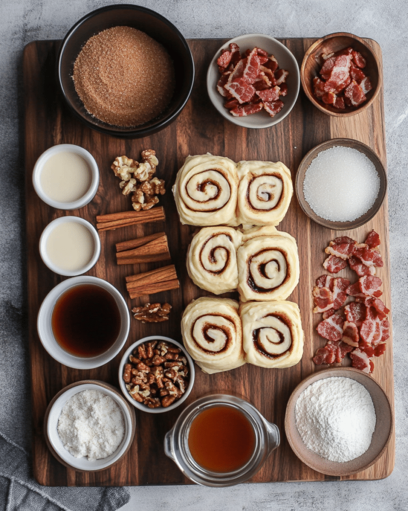 Ingredients for Easy Maple Bacon Cinnamon Rolls, including refrigerated cinnamon rolls, bacon, brown sugar, and maple syrup.
