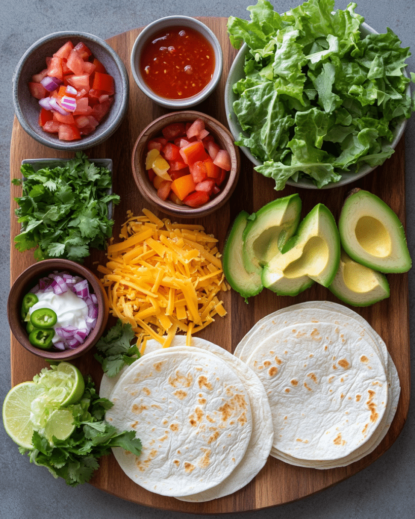 Ingredients for Fresh Chicken Ranch Wraps, including chicken, avocado, tortillas, and ranch dressing.