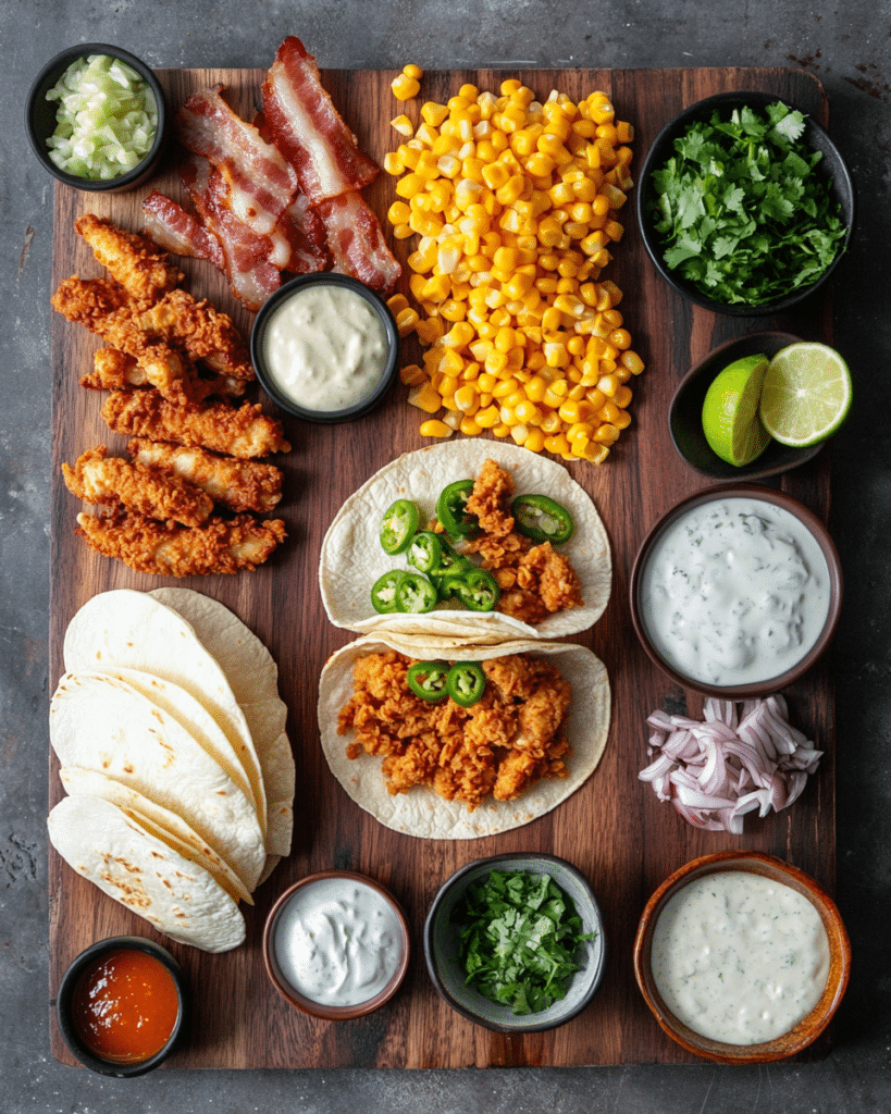 Ingredients for Fried Chicken Street Corn Tacos, including chicken, corn, tortillas, and ranch ingredients.