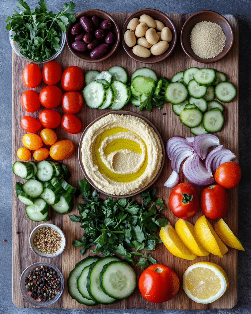  Ingredients for Greek Style Loaded Hummus, including hummus, vegetables, olives, and herbs.