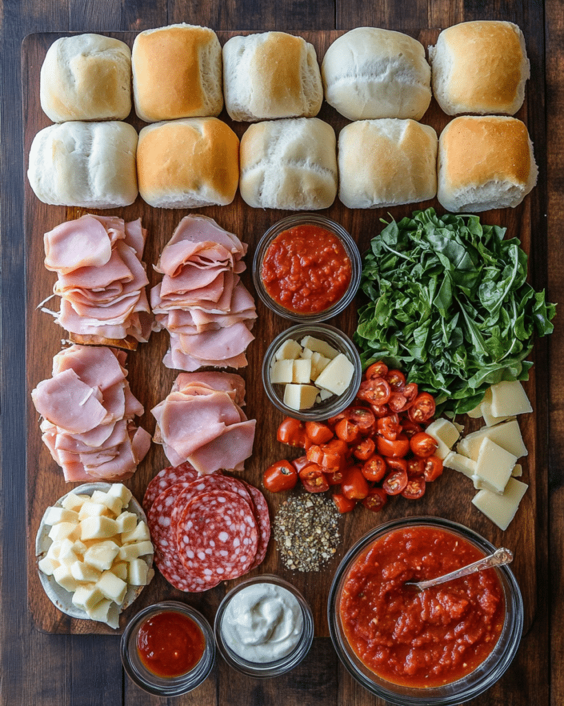 Ingredients for Hot Italian Sub Sliders, including rolls, meats, cheese, and peppers.