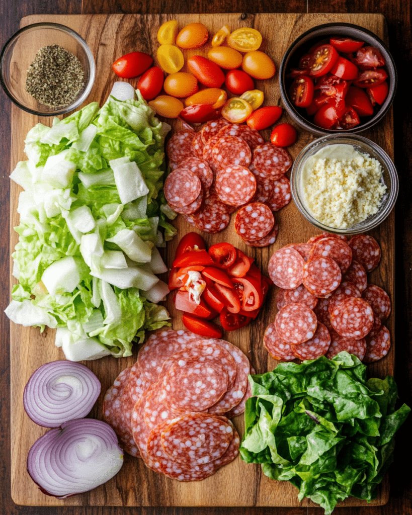 Ingredients for Italian Grinder Salad, including lettuce, meats, cheese, and vegetables.
