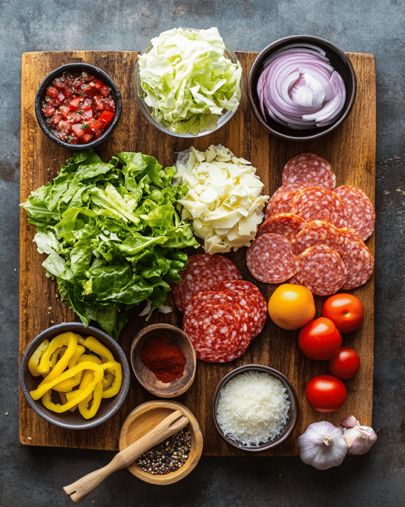 Ingredients for Italian Grinder Salad Sandwich, including sub rolls, meats, cheese, and lettuce.