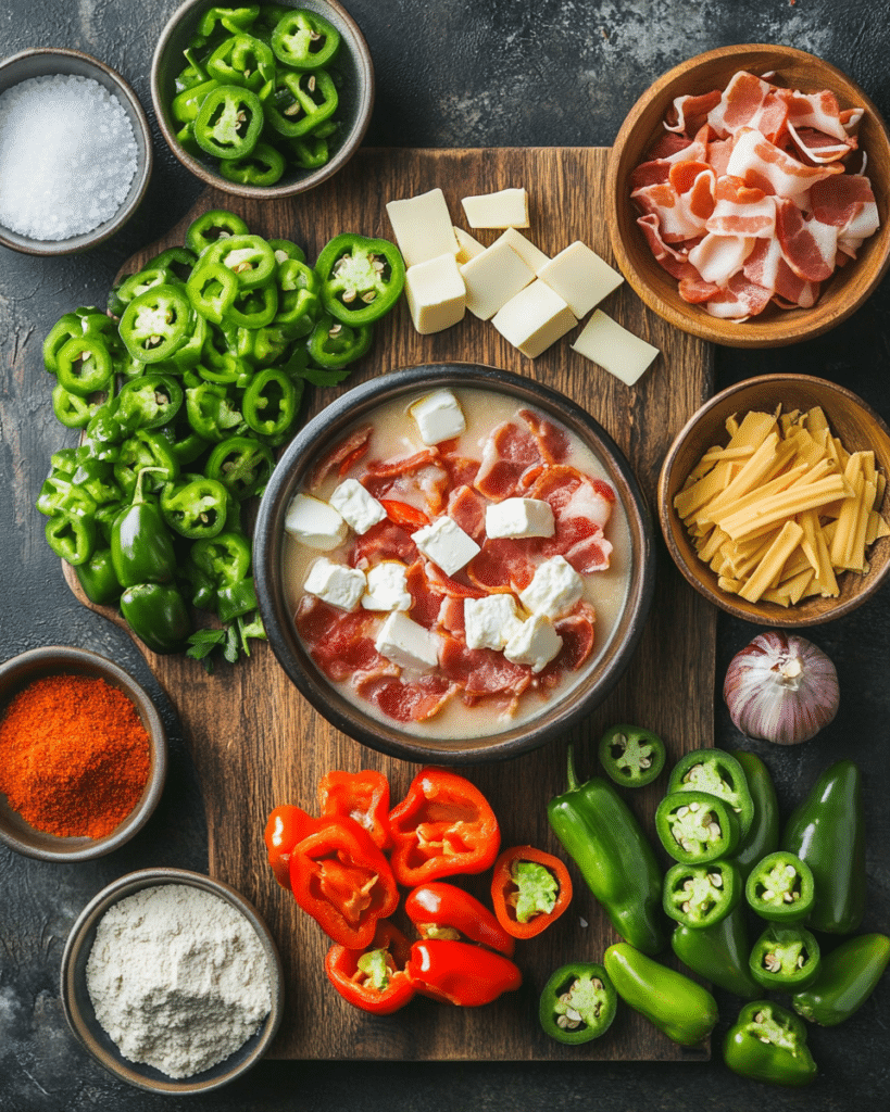Ingredients for Jalapeño Popper Soup, including bacon, jalapeños, cream cheese, and chicken.
