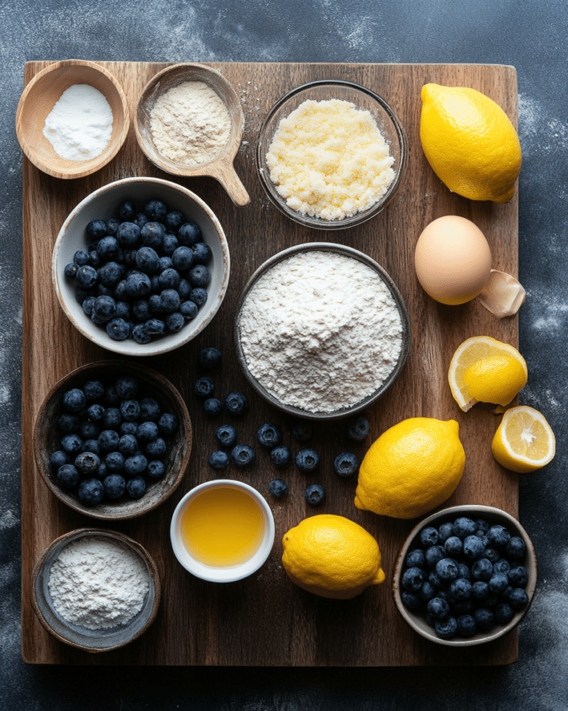 Ingredients for Lemon Blueberry Cookies, including flour, sugar, lemons, and blueberries.