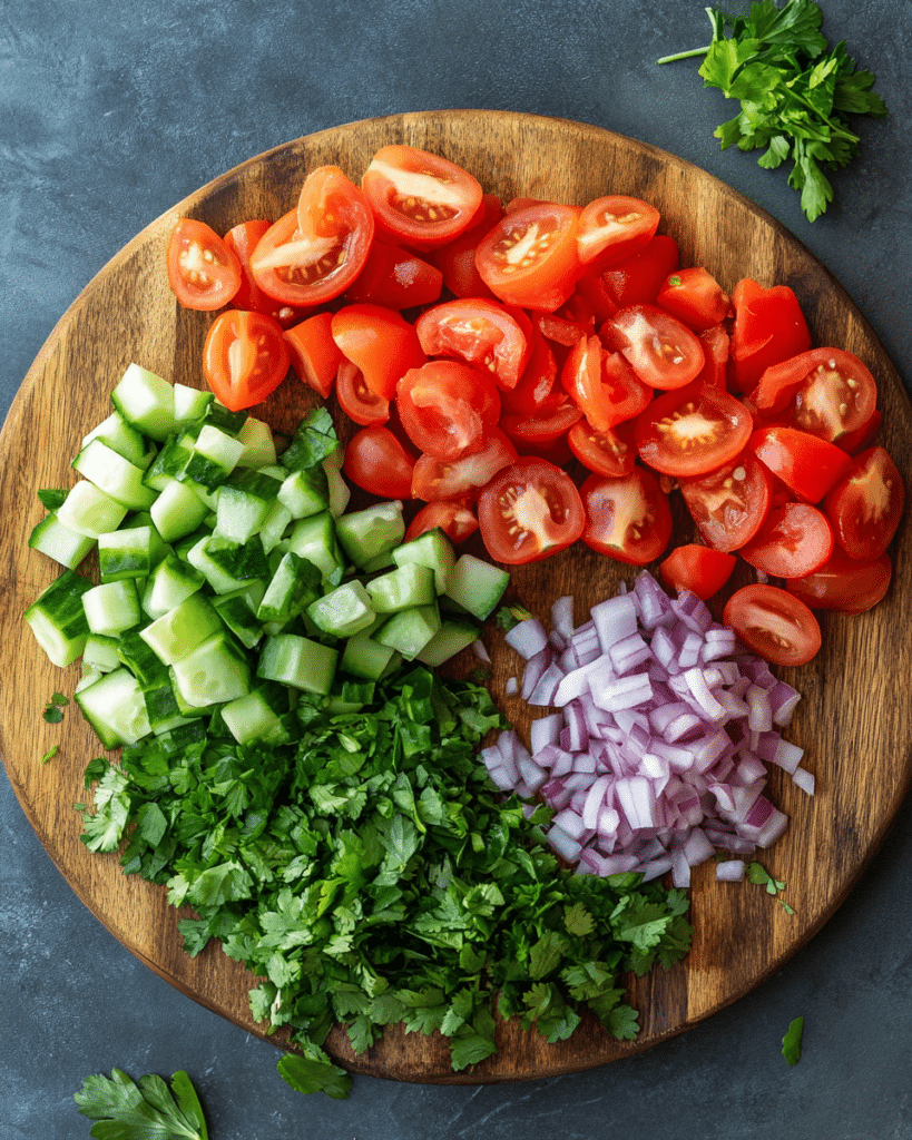 Ingredients for Mediterranean Salad with Cucumber, Tomato, and Onion, including cucumbers, tomatoes, red onion, and cilantro.