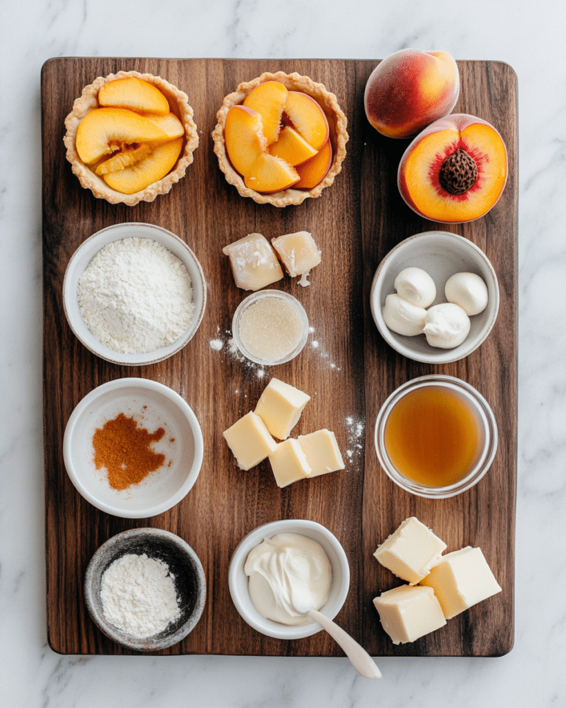 Ingredients for Peach and Cream Cheese Mini Tarts, including puff pastry, peaches, and cream cheese.