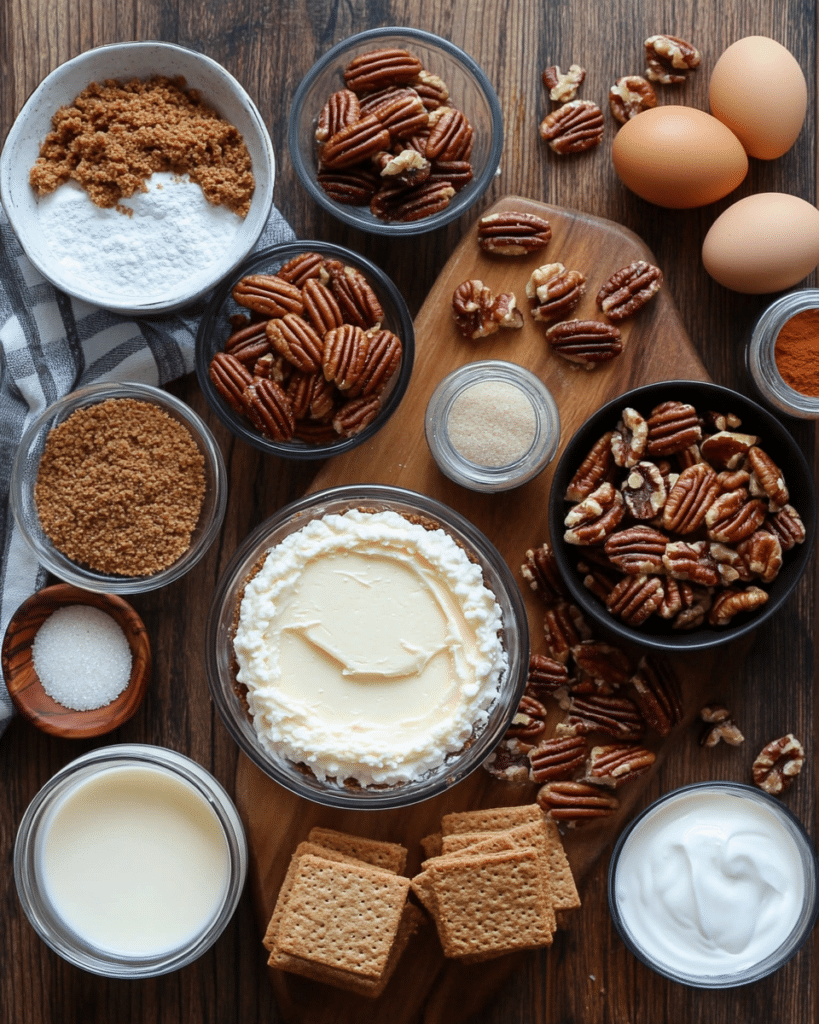 Ingredients for Mini Pecan Pie Cheesecakes, including cream cheese, graham crackers, and pecans.