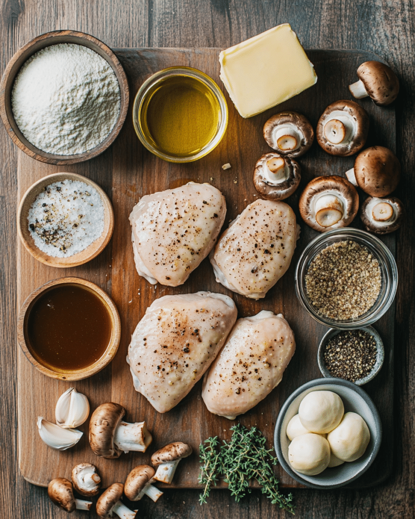 Ingredients for Mushroom Chicken, including chicken breasts, mushrooms, and white wine.