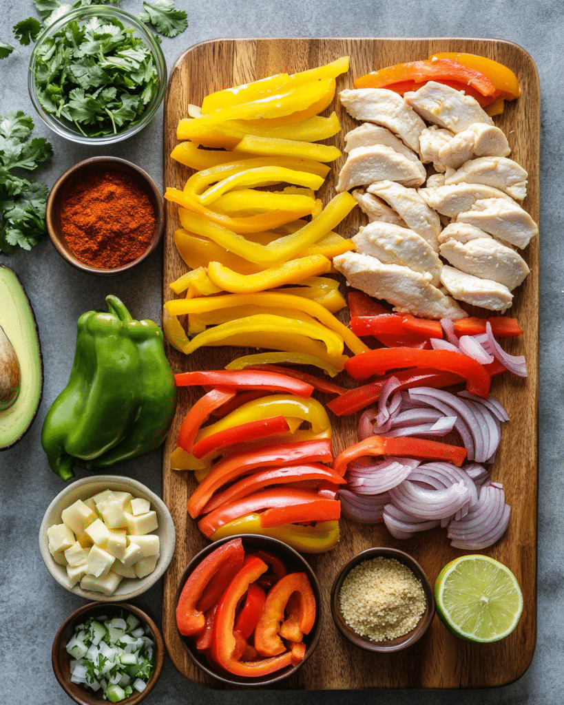Ingredients for Oven Baked Sheet Pan Chicken Fajitas, including chicken, bell peppers, onions, and fajita seasoning.