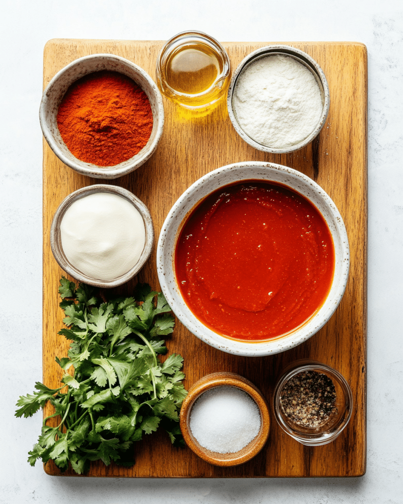 Ingredients for Perfect Enchilada Sauce, including chili powder, tomato sauce, and spices.