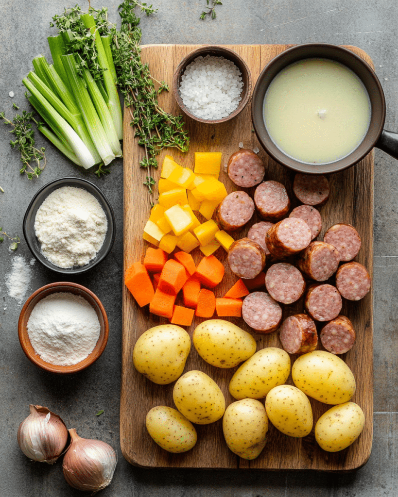 Ingredients for Potato and Sausage Chowder, including sausage, potatoes, vegetables, and broth.