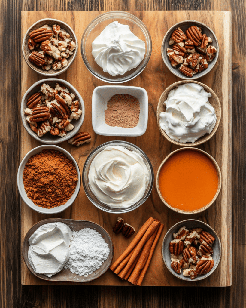 Ingredients for Pumpkin Delight, including graham crackers, cream cheese, pumpkin puree, and Cool Whip.