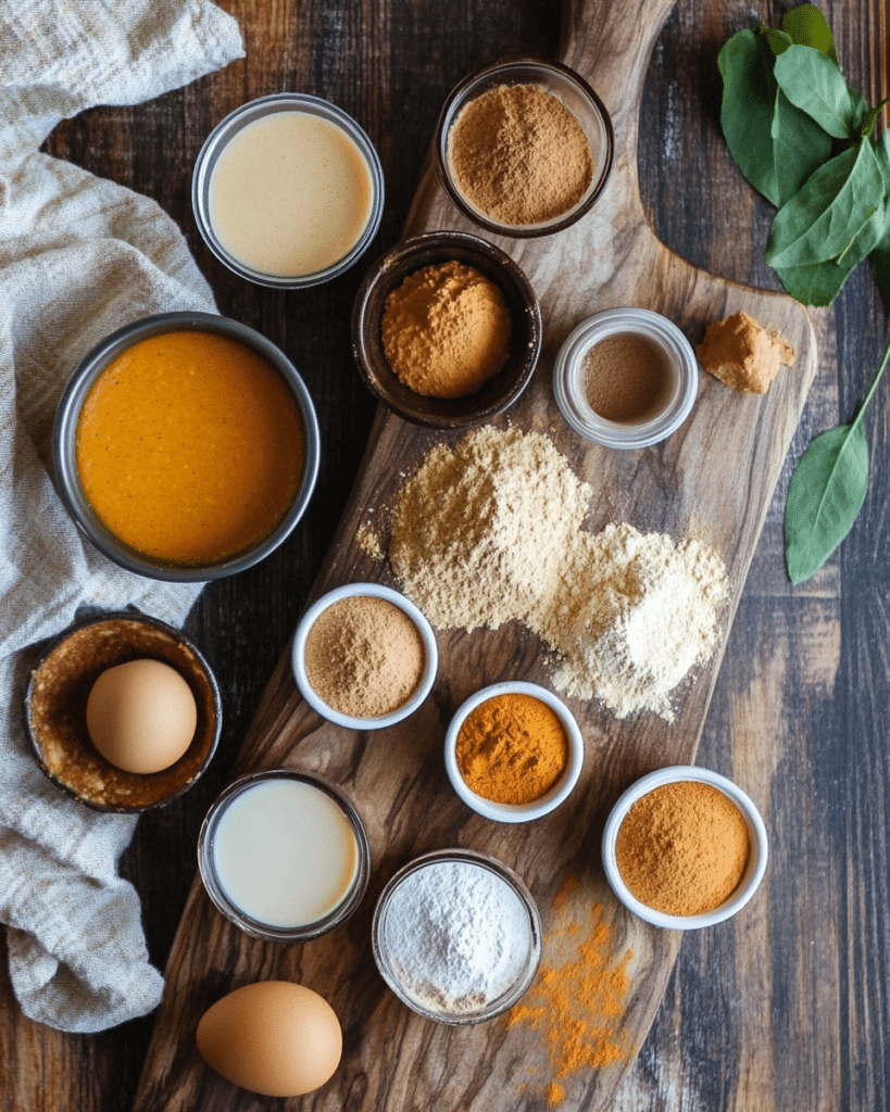 Ingredients for Pumpkin Pie Bites, including pumpkin puree, gingerbread cookie mix, and spices.