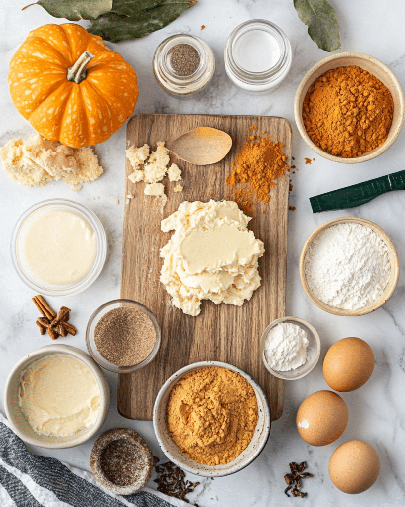 Ingredients for Pumpkin Cheesecake Cookies, including pumpkin puree, cream cheese, spices, and flour.