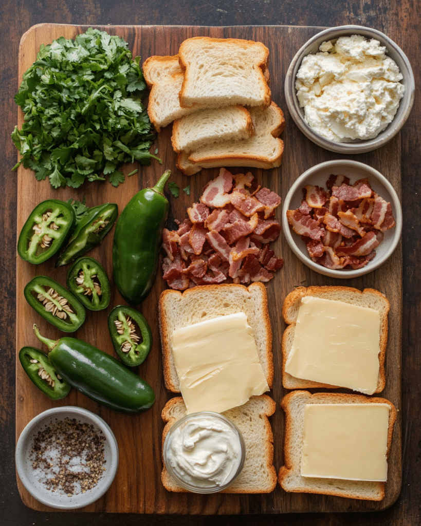 Ingredients for Roasted Jalapeño Popper Grilled Cheese, including bread, cheese, jalapeños, and bacon.