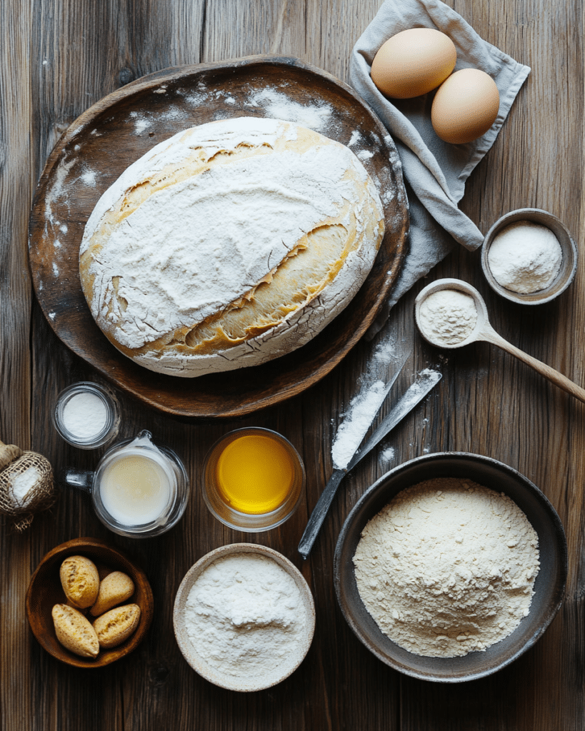  Ingredients for Rustic Italian Crusty Bread, including flour, yeast, and salt.