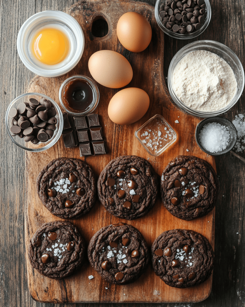 Ingredients for Salted Brownie Cookies, including flour, chocolate chips, cocoa powder, and eggs.