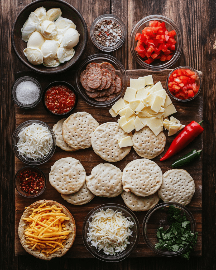 Ingredients for Sausage and Egg Breakfast Pizzas, including English muffins, sausage, eggs, cheese, and red pepper.