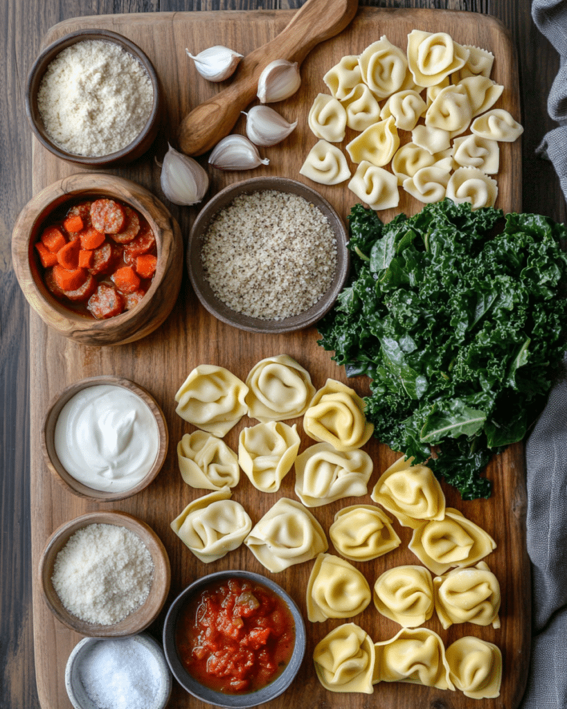 Ingredients for Sausage Tortellini Soup, including sausage, tortellini, kale, and broth.