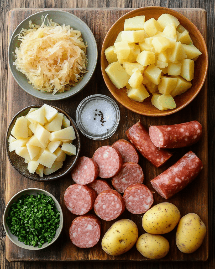  Ingredients for Slow Cooker Kielbasa with Sauerkraut and Potatoes, including kielbasa, sauerkraut, and potatoes.