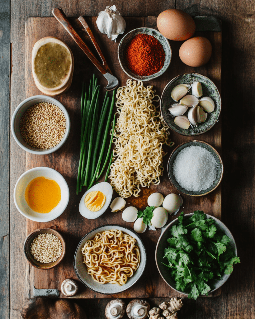Ingredients for Spicy Coconut Curry Ramen, including ramen noodles, coconut milk, and spices.
