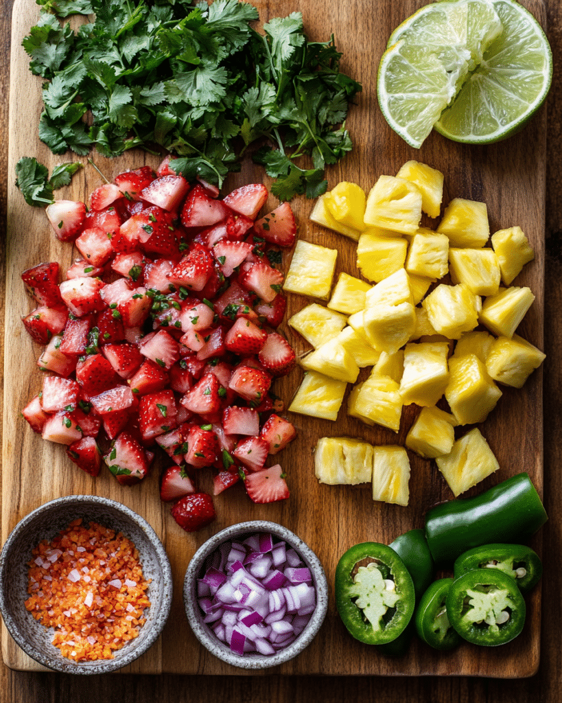 Ingredients for Strawberry Pineapple Salsa, including strawberries, pineapple, red onion, cilantro, and lime.