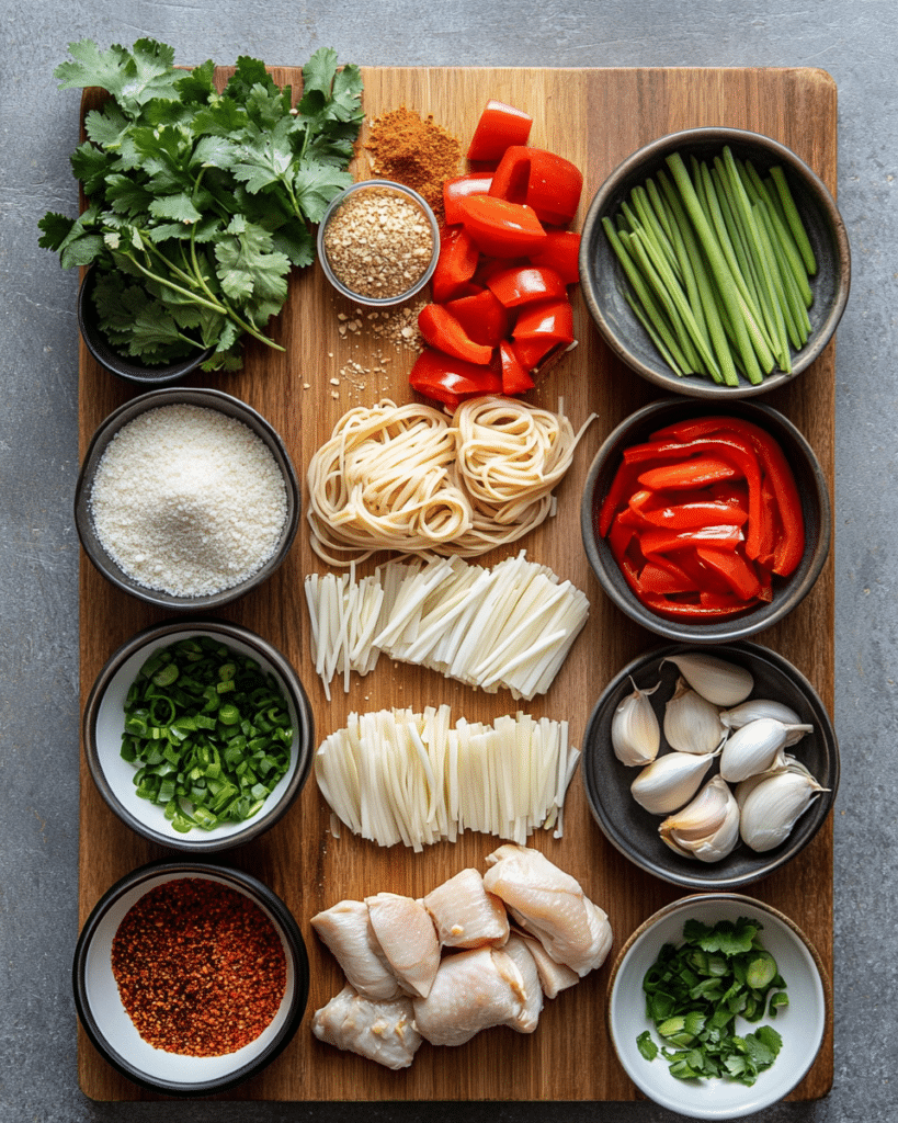 Ingredients for Thai Red Curry Noodle Soup, including chicken, coconut milk, red curry paste, and noodles.