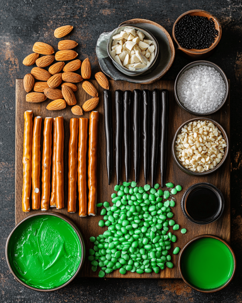  Ingredients for Witch Finger Pretzel Rods, including pretzel rods, green candy coating, and almonds.