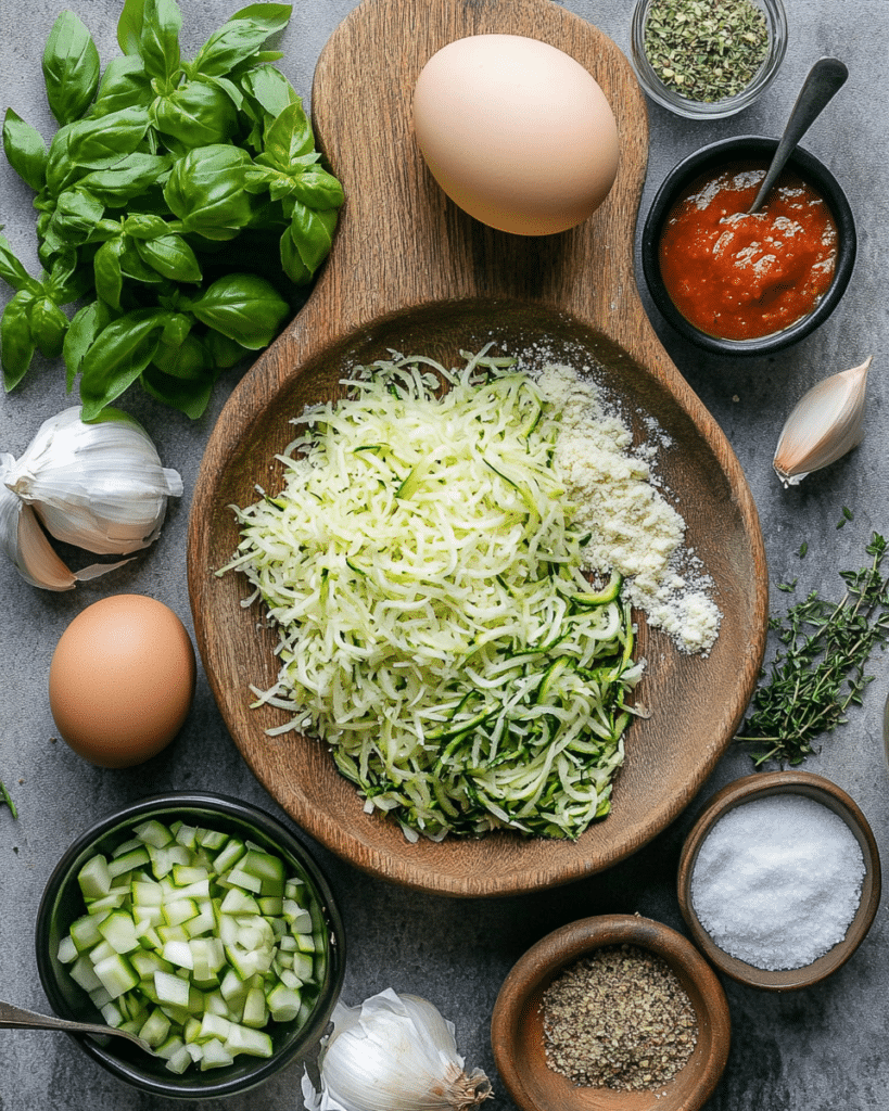 Ingredients for Baked Zucchini Garlic Bites, including zucchini, cheese, breadcrumbs, and herbs.