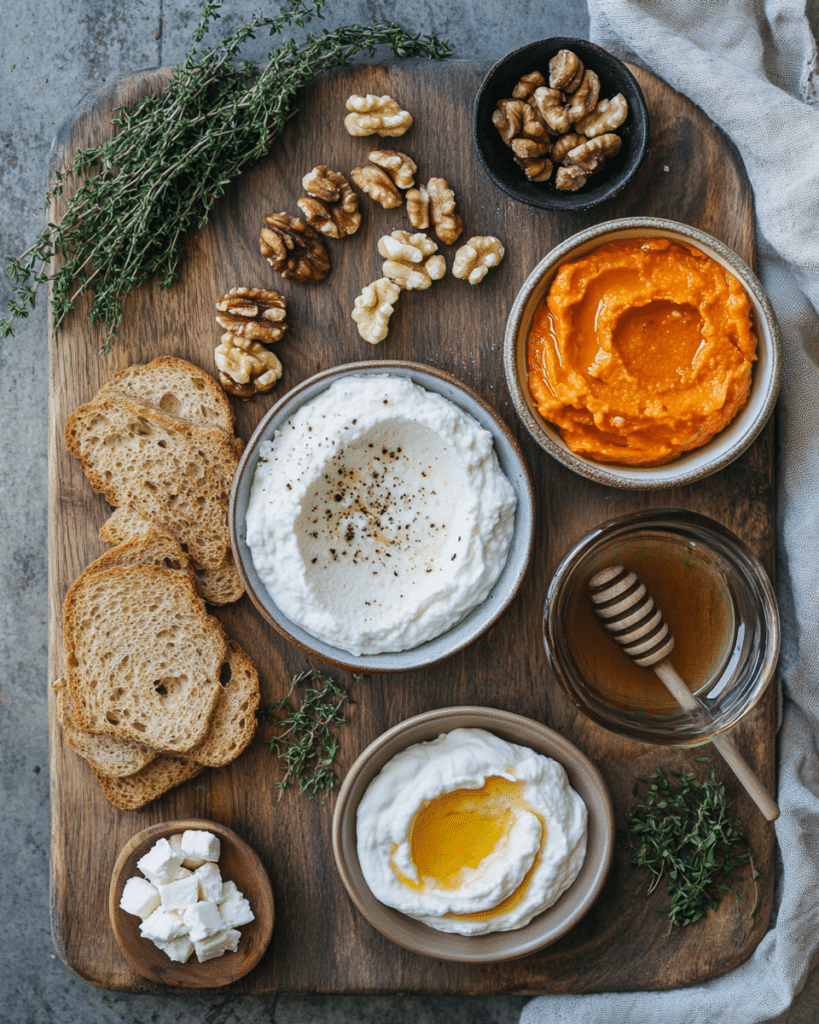 Ingredients for Pumpkin Whipped Feta Dip, including feta cheese, pumpkin puree, and honey.