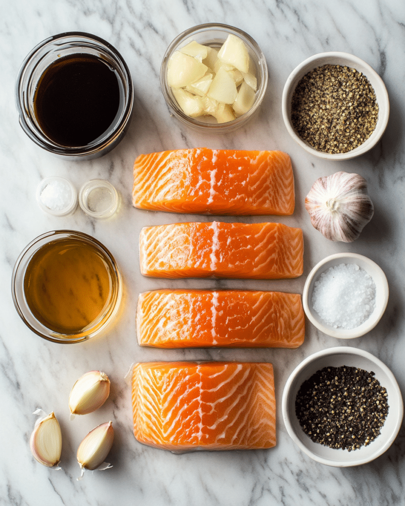  Ingredients for Air Fryer Honey Garlic Salmon, including salmon fillets, honey, and garlic.