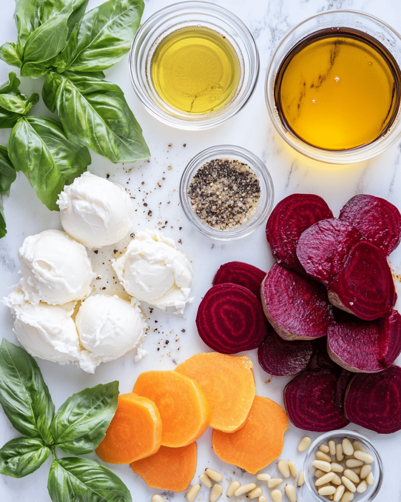 Ingredients for Beet and Burrata Salad, including beets, burrata, and pine nuts.