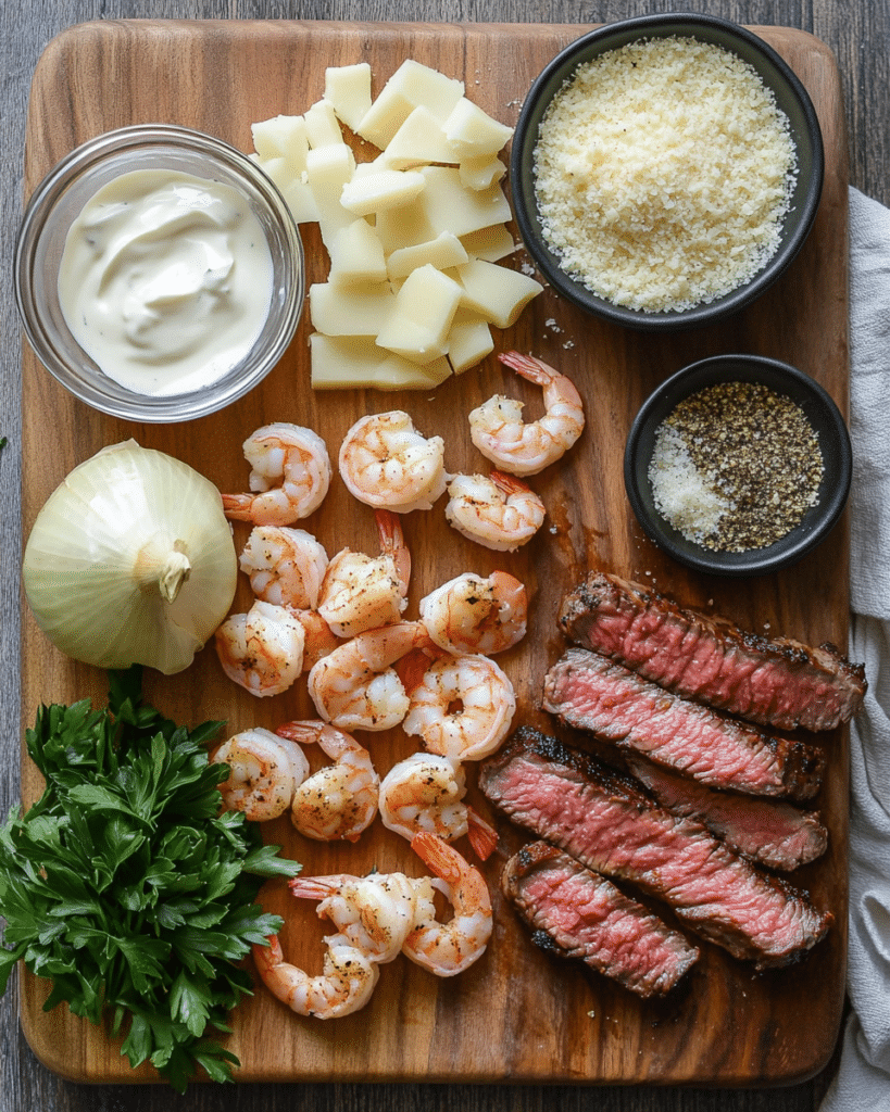 Ingredients for Blackened Steak and Shrimp Alfredo, including steak, shrimp, pasta, and Parmesan cheese.