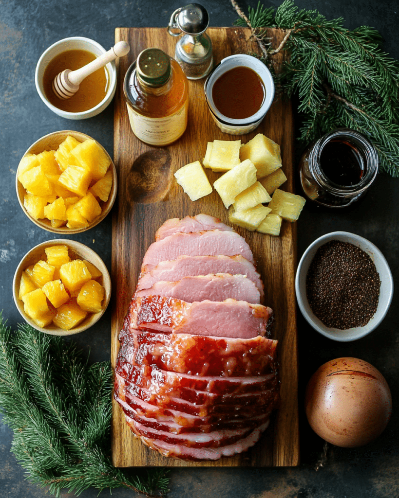 Ingredients for Brown Sugar Mustard Glazed Ham, including ham, brown sugar, and mustard.