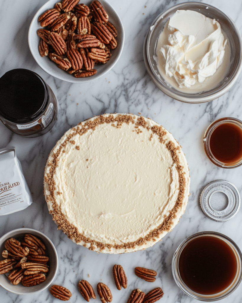 Ingredients for Browned Butter Pecan Cheesecake, including cream cheese, pecans, and brown sugar.V