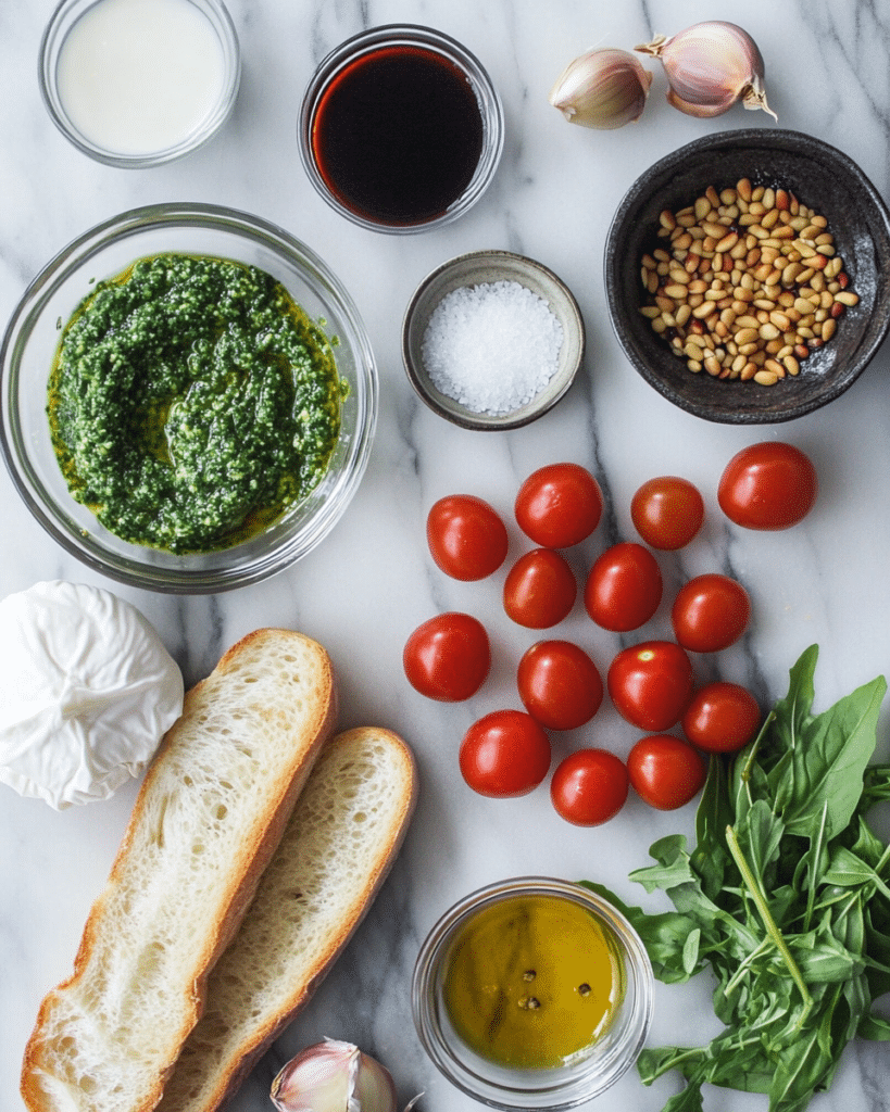 Ingredients for Burrata Caprese Sandwich, including baguette, burrata, tomatoes, and basil.