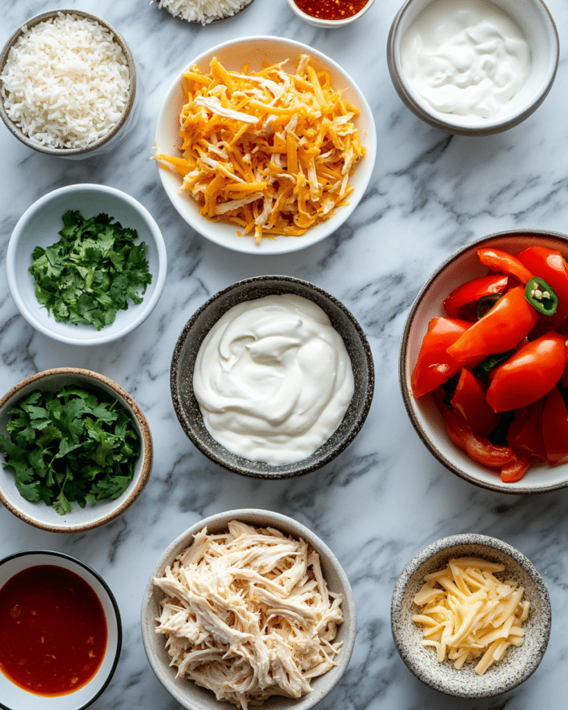 Ingredients for Chicken Fajita Casserole, including chicken, rice, and vegetables.