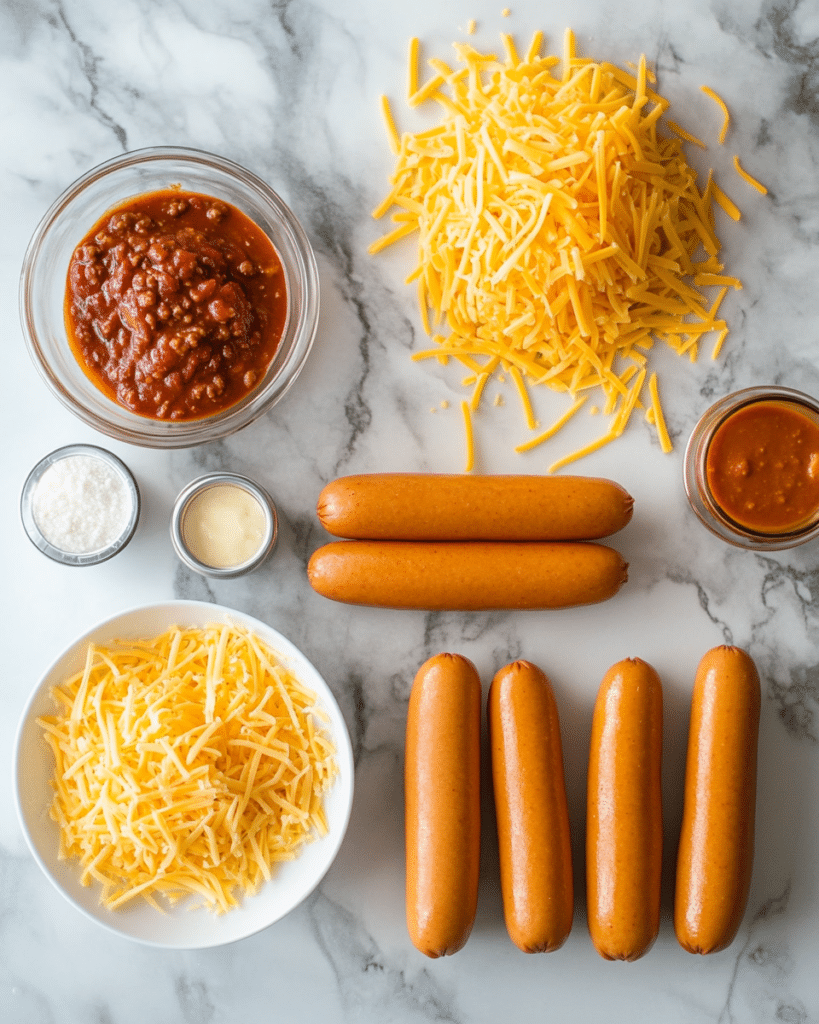 Ingredients for Chili Cheese Corn Dogs, including frozen corn dogs, chili, and cheese.
