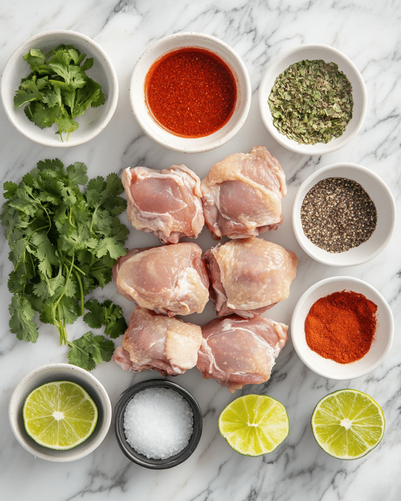 Ingredients for Cilantro Lime Chicken Thighs, including chicken thighs, cilantro, lime, garlic, and spices.