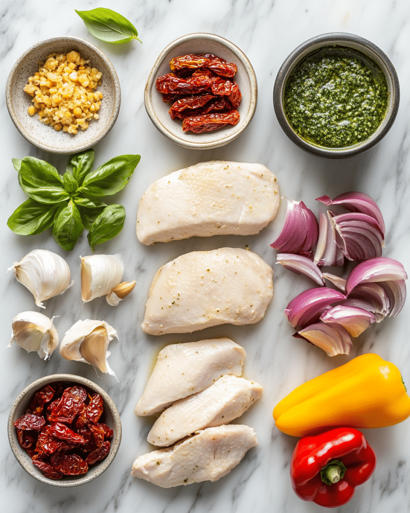 Ingredients for Creamy Garlic Pesto Chicken, including chicken breasts, pesto, cream, and sun-dried tomatoes.