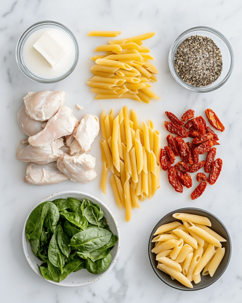  Ingredients for Creamy Sun-Dried Tomato Chicken Pasta, including chicken, pasta, sun-dried tomatoes, and cream cheese.