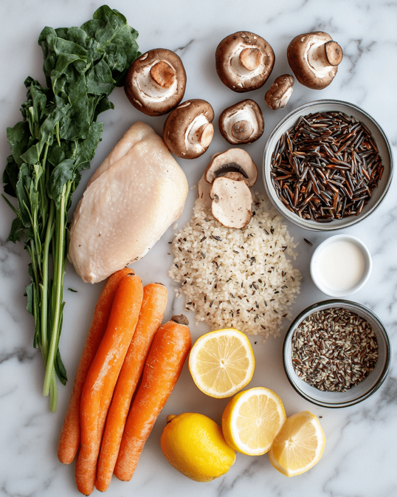 Ingredients for Creamy Wild Rice Chicken Soup, including chicken, wild rice, vegetables, and mushrooms.
