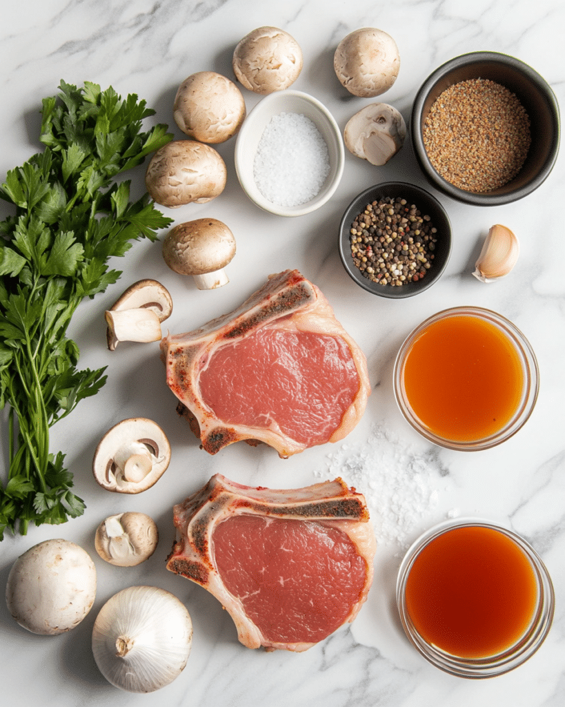 Ingredients for Crockpot Pork Chops, including pork chops, mushrooms, onions, and soup.