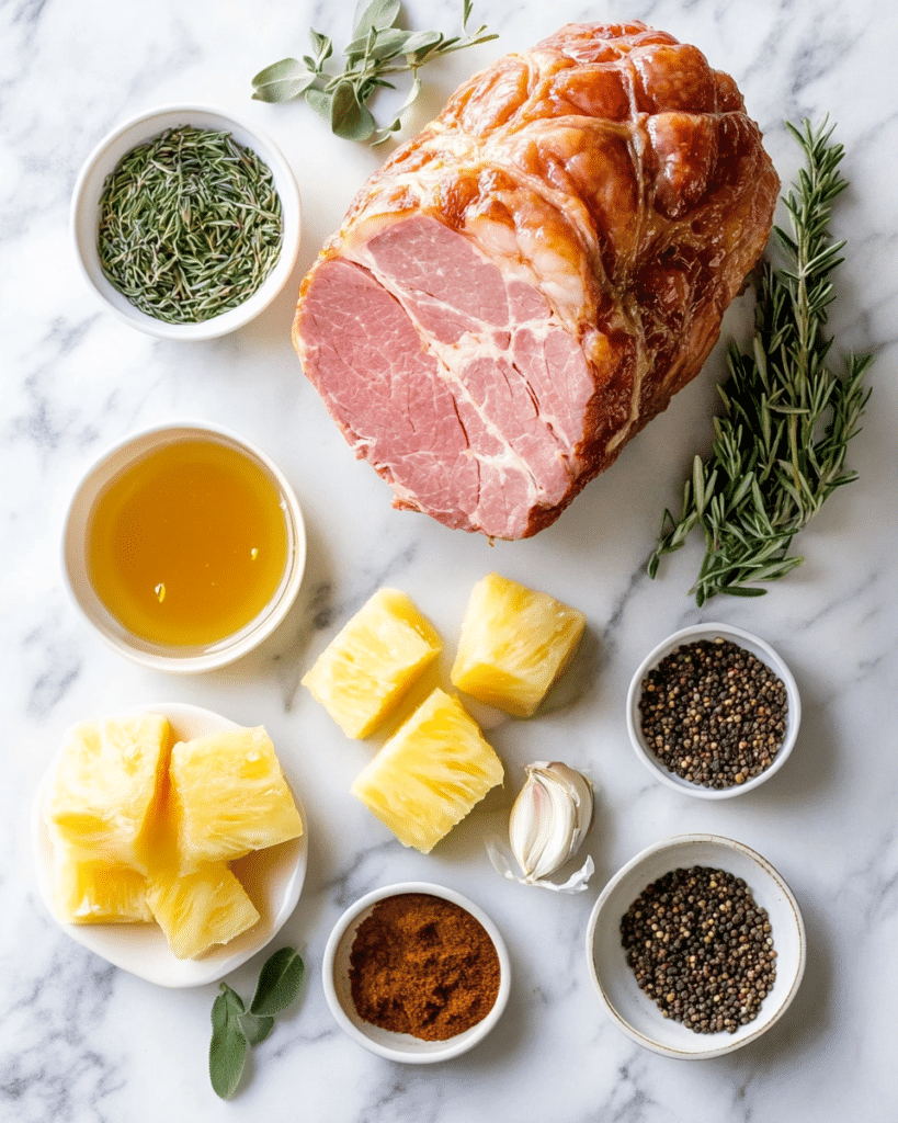 Ingredients for Easy Brown Sugar Glazed Ham, including ham, brown sugar, and pineapple juice.