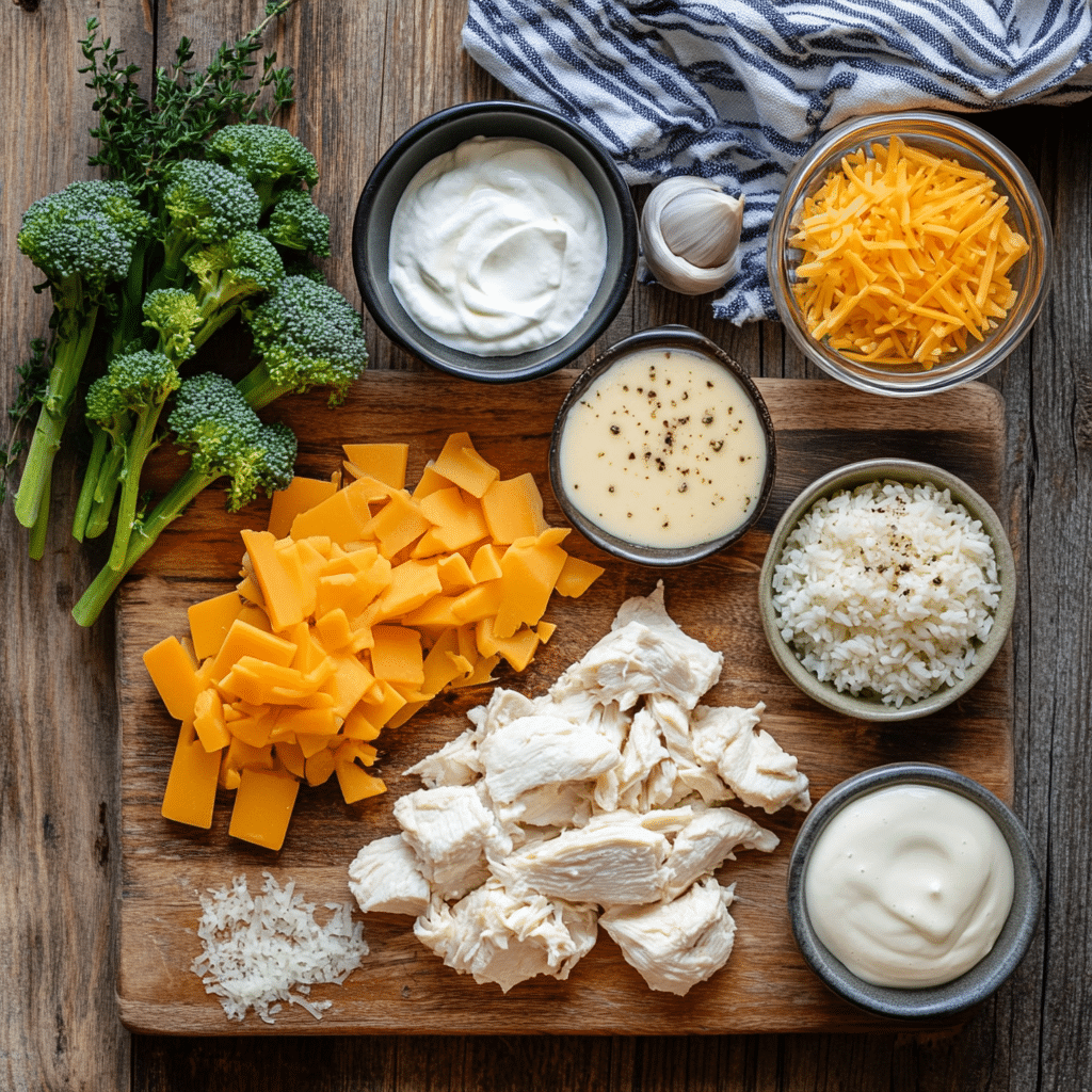Ingredients for Easy Crockpot Chicken and Rice, including chicken, rice, and cheese.