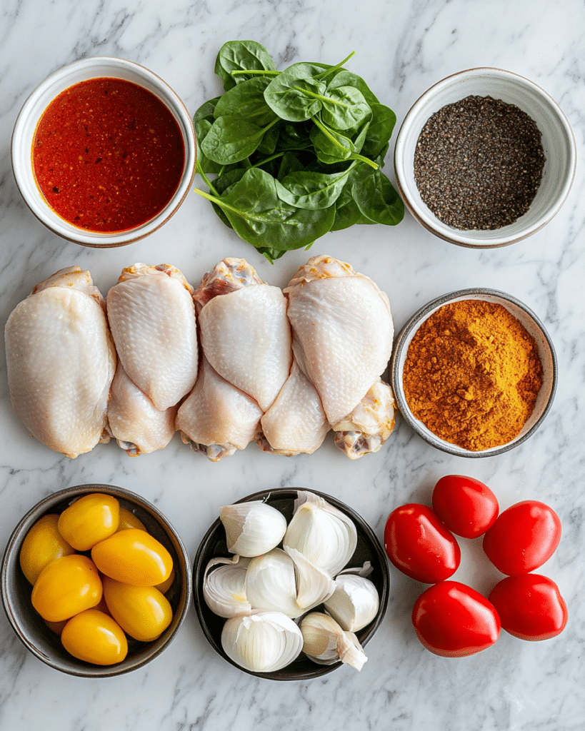  Ingredients for Coconut Thai Chicken Curry, including chicken, coconut milk, red curry paste, and vegetables.