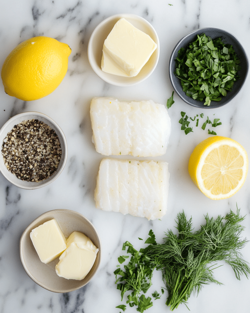 Ingredients for Golden Seared Cod with Herb Butter Sauce, including cod fillets, herbs, and lemon.