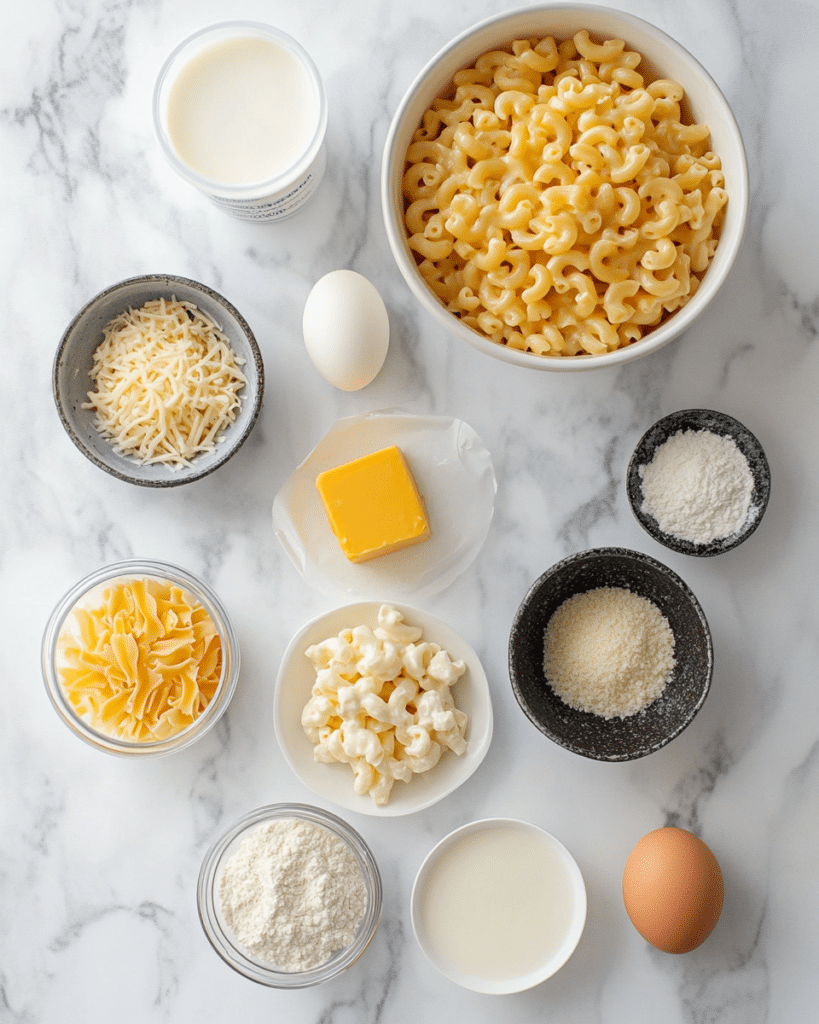 Ingredients for Good Ole Fashioned Mac and Cheese, including macaroni, cheese, and milk.